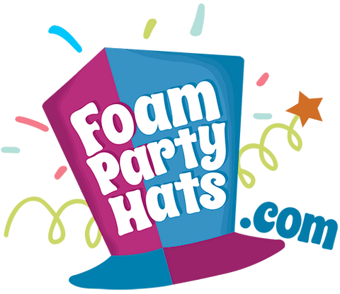Colorful logo for Foam Party Hats with decorative elements on a transparent background