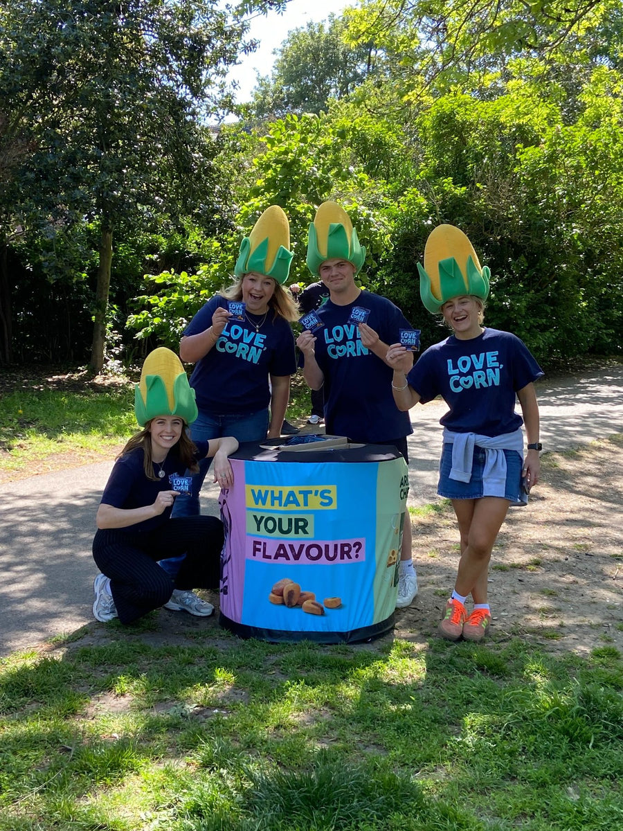 LOVE CORN team in custom foam corn hats at a UK sampling activation