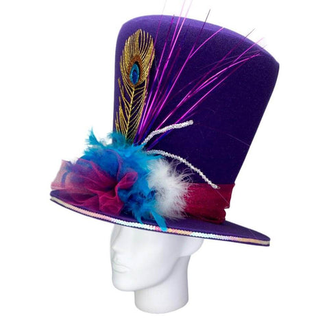 Purple and Teal Peacock Large Top Hat with Mask